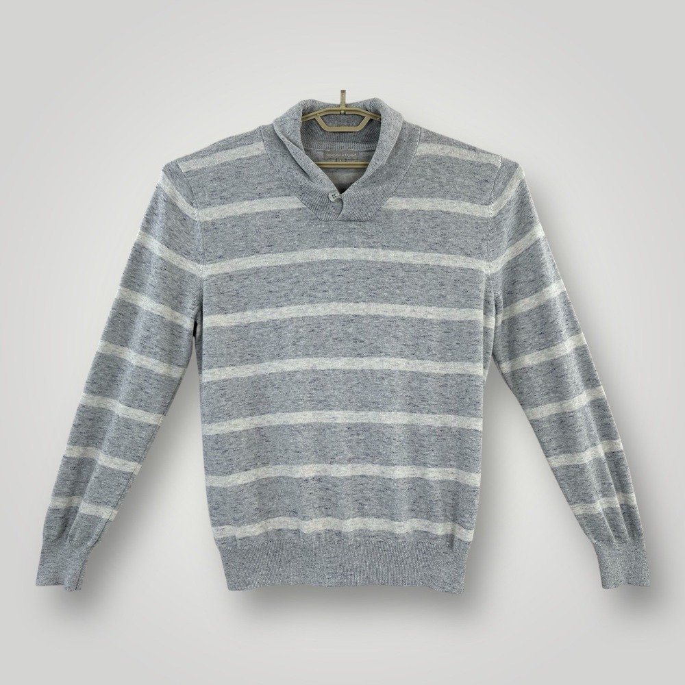 Grayson Dunn Sweater Mens LARGE Gray Cream Striped Pullover Shawl Collar Cotton